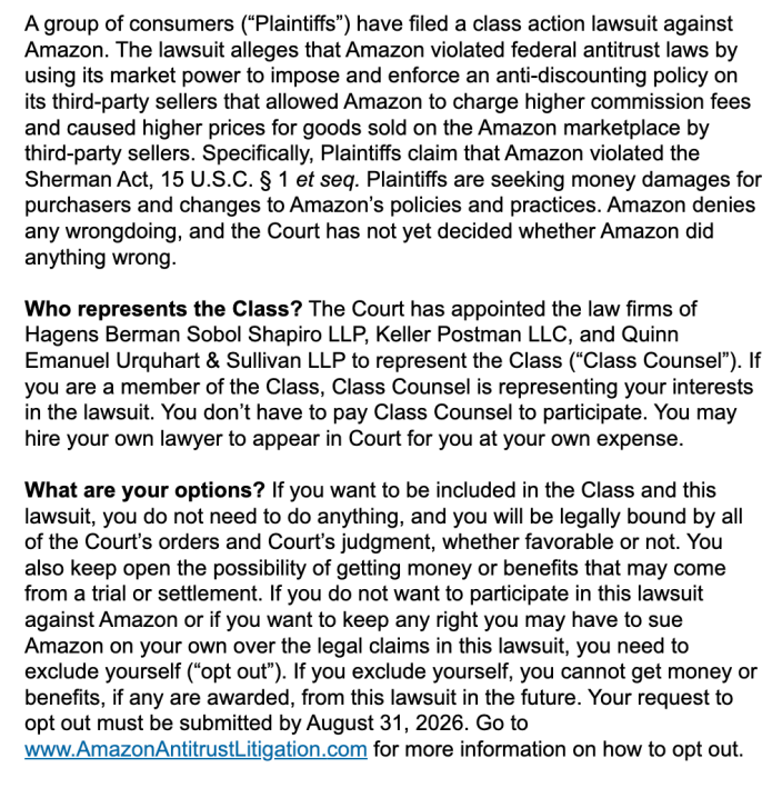 Amazon notice of a class-action settlement sent to qualified customers.