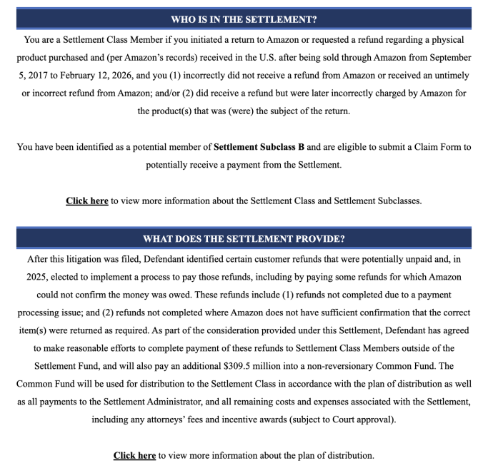 Amazon notice of a class-action settlement sent to qualified customers.