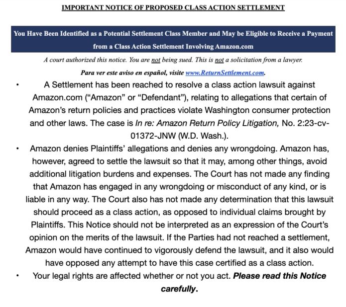 Amazon notice of a class-action settlement sent to qualified customers.